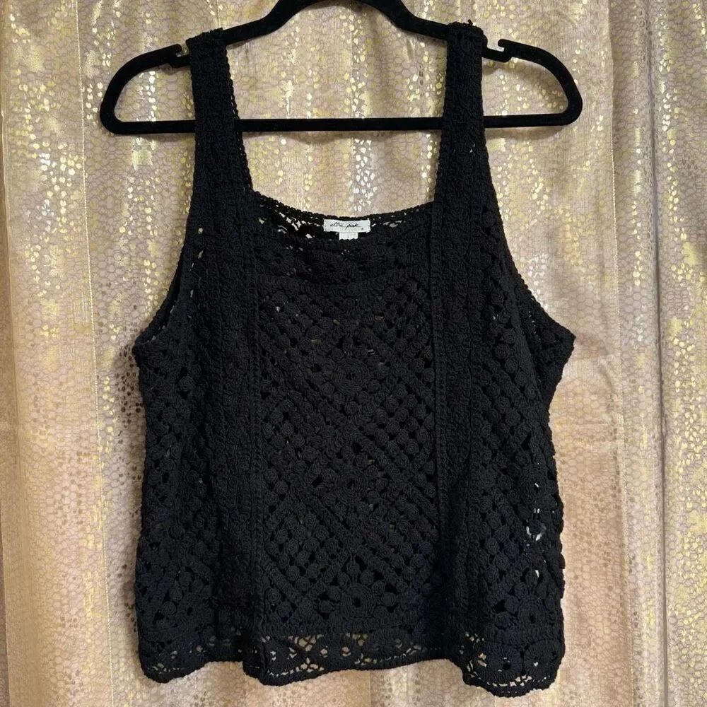 Ultra Pink Black Witchy Goth Crochet Knit Tank Top Boxy Large